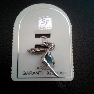 Pendentif argent fee clochette et perle bleue